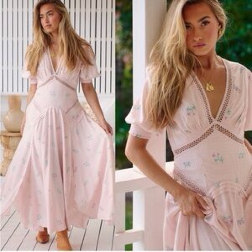 Free People Pale Pink Maxi Dress with Delicate Floral Embroidery